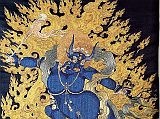 British Museum Top 20 Buddhism 14 Yama Thangka 14. Yama Tangka - Tibet or southern China, 18C AD, 65 x 46 cm. The British Museum has many artifacts that are not on display, like this one. The fierce and bull-headed Yama stands on his buffalo mount, which tramples on a corpse. He is surrounded by flickering flames against a black background. He holds a noose and skull-crested club, with a string of severed heads hanging from his waist. Yama is the Indian god of death, who in Tibetan Buddhism was conquered by Manjushri and made a protector of the Buddhist dharma (teachings). Photo � Marilyn Rhie and Robert Thurman: The Sacred Art Of Tibet.